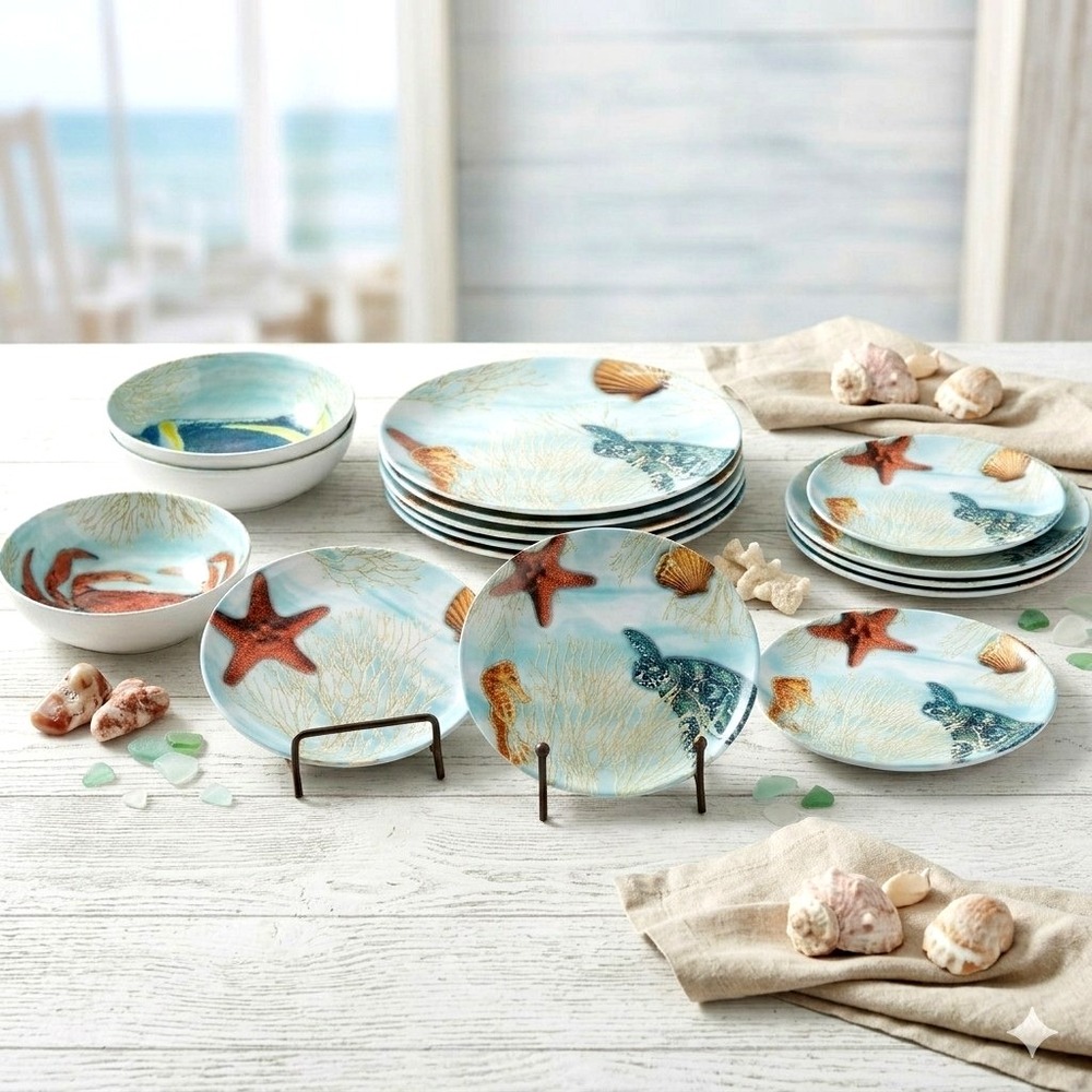 12 pc Melamine Dinnerware Set Coastal Ocean Art‎ Crab Sea Turtle Starfish Fish